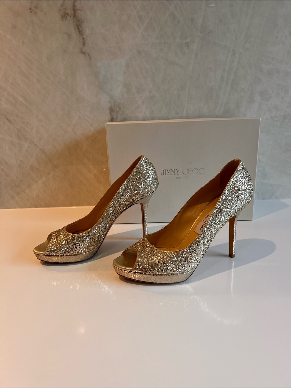 Jimmy Choo Glitter Open-Toe Stiletto Pumps in Gold